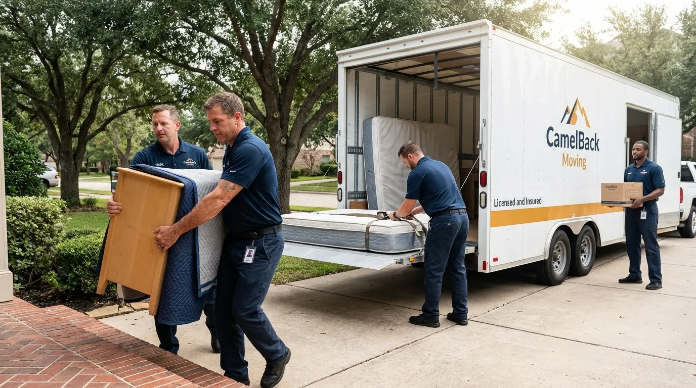 Crew loading residential truck for cross-state move from Roby, TX