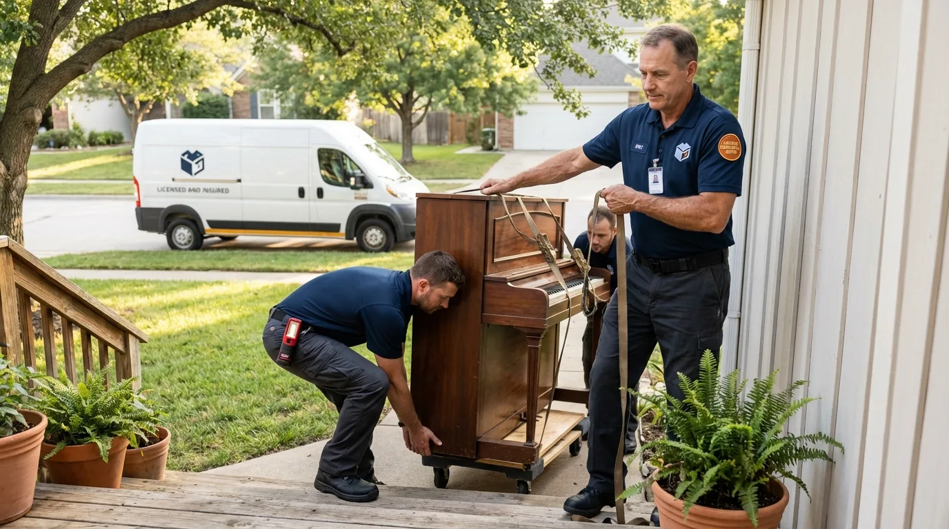Licensed piano movers securing grand piano in Roby, TX