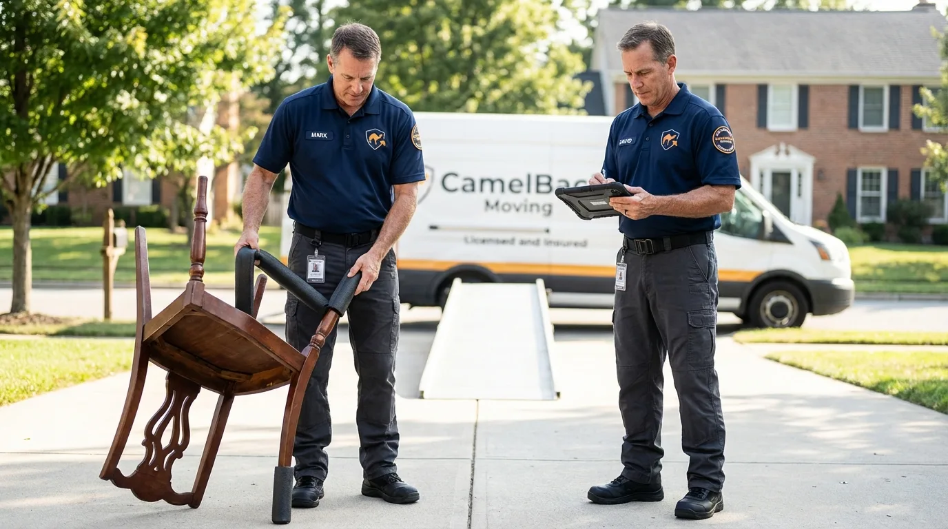 Movers inspecting furniture for damage prevention before loading in Roby, TX