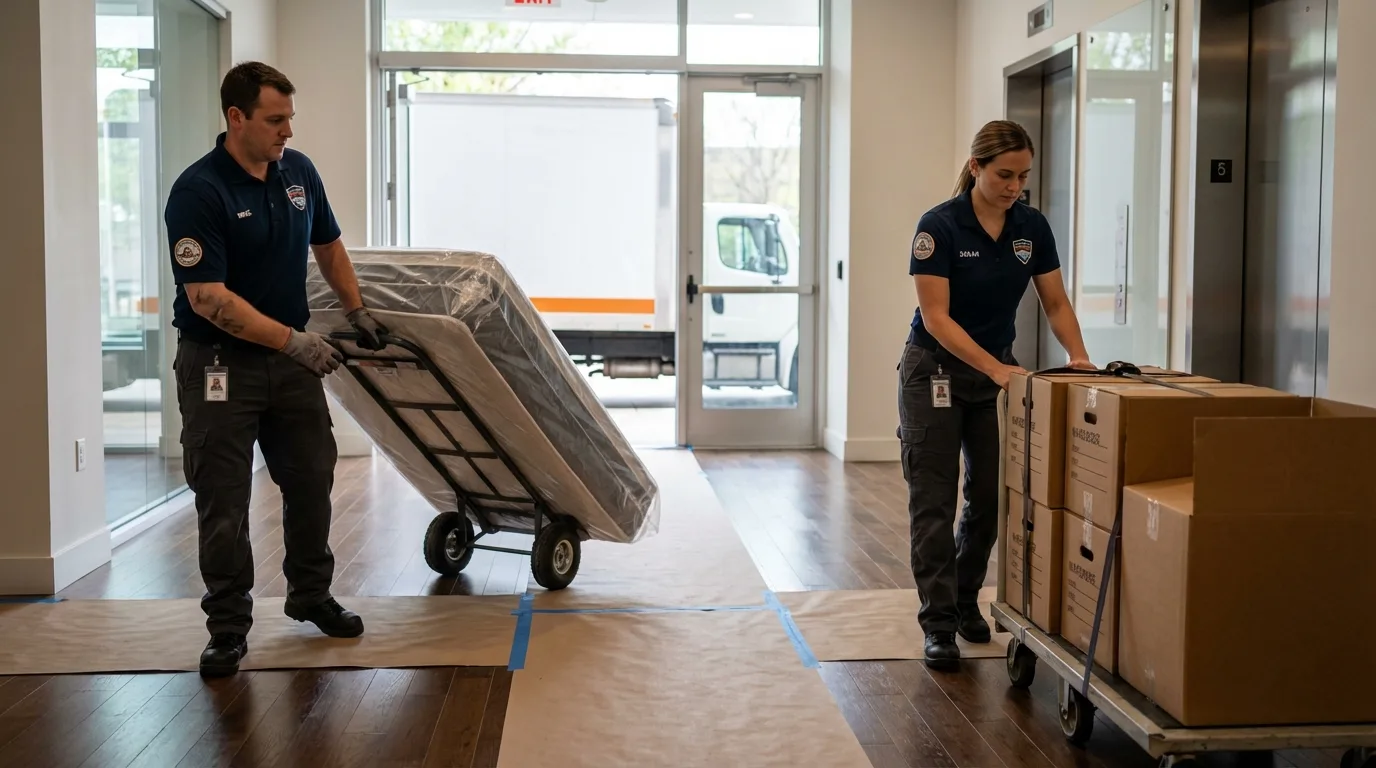 Professional apartment movers loading elevator in Roby, TX