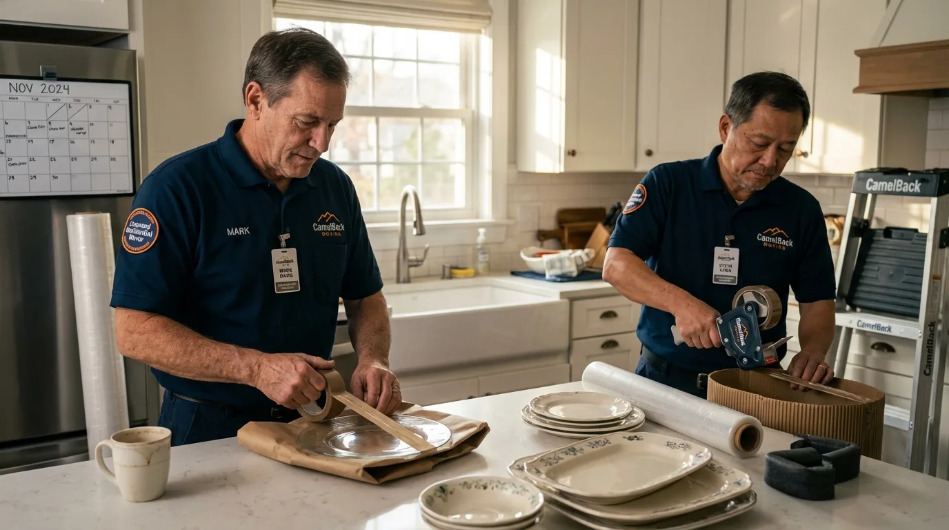Professional crew packing kitchen dishware in Roby, TX